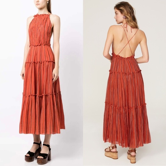 ULLA JOHNSON Cotton Stripe Sleeveless Halter Neck Open Back Tier Ruffle Dress 10 - Picture 7 of 14
